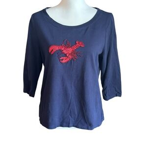 Talbots Petites Top Women's LP Navy Blue 3/4 Sleeve T-Shirt Red Lobster Applique